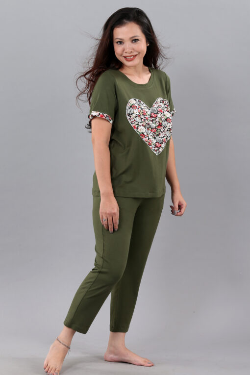 Bộ trái tim xanh rêu quần dài