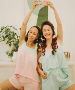 Bộ hai dây cổ vuông hồng phối xanh